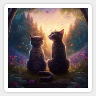 Adorable Two Cats Looking At Sunset Extremely Intricate Sticker